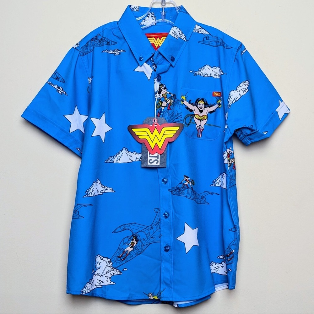 RSVLTS x Wonder Woman Logo Blue Button-Up Aloha Shirt Size Youth Medium New NWT
